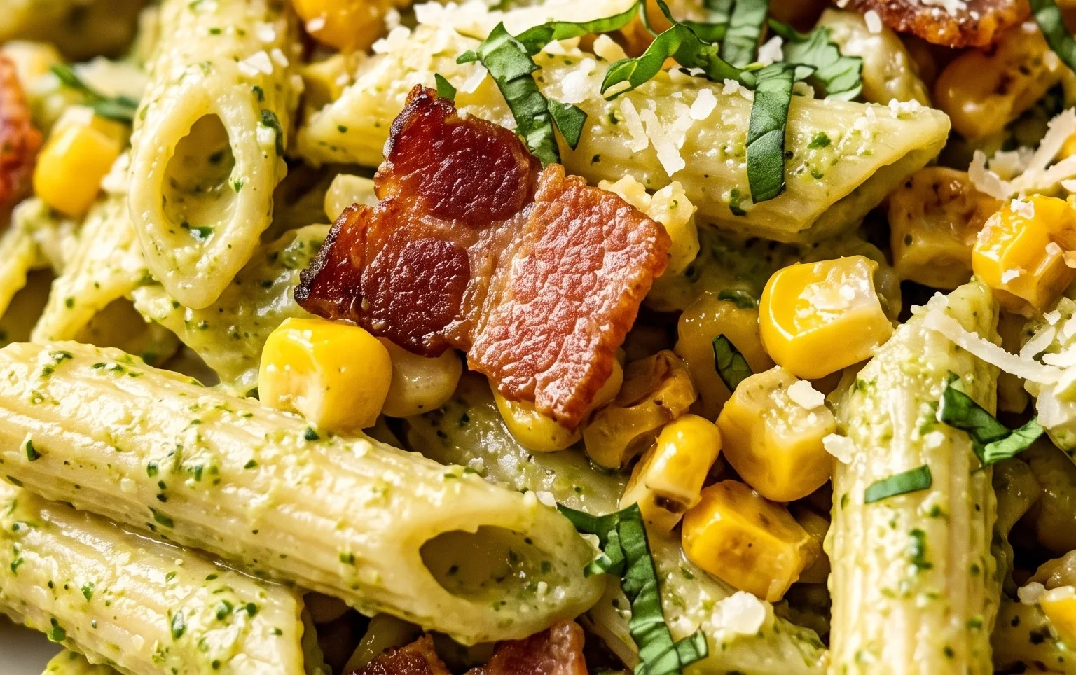 Corn Pasta Salad with Beef Bacon and Creamy Pesto Dressing