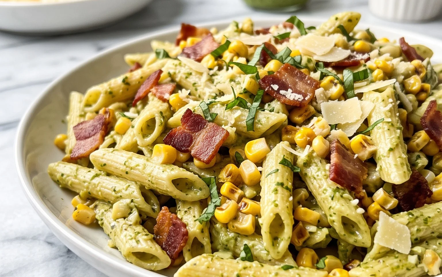 Corn Pasta Salad with Beef Bacon Beef Pesto